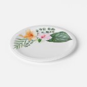 Aquarellfarbener Hibiskus und tropische Folien Pappteller (Schrägansicht)
