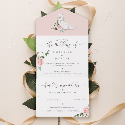 Aquarellfarbener Hund und Blume mit floralfarbenem All In One Einladung