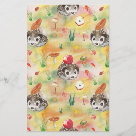Aquarellfarbener Igel mit Pilzen und Apfel Briefpapier (Vorderseite)