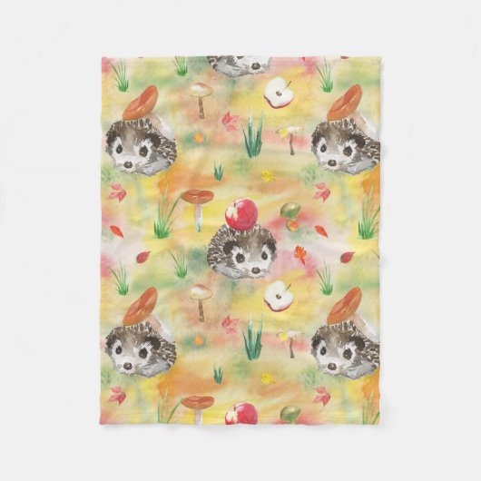 Aquarellfarbener Igel mit Pilzen und Apfel Fleecedecke (Vorderseite)