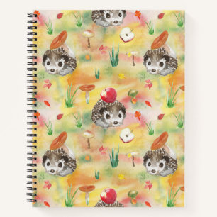 Aquarellfarbener Igel mit Pilzen und Apfel Notizblock