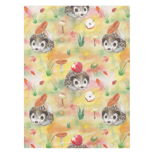 Aquarellfarbener Igel mit Pilzen und Apfel Tischdecke (Vorderseite)