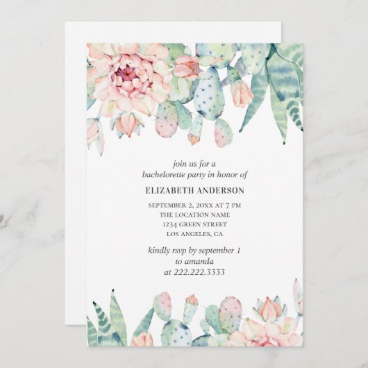 Aquarellfarbener Junggeselinnen-Abschied. Cactus Einladung (Vorne/Hinten)