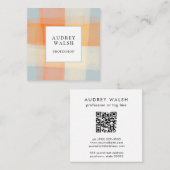 Aquarellfarbener Karierter Orangencreme Blue QR CO Quadratische Visitenkarte (Vorne/Hinten)