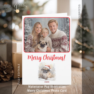 Aquarellfarbener Mops Illustration Frohe Weihnacht Karte