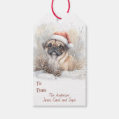 Aquarellfarbener Mops in Weihnachtsmannmütze Weihn Geschenkanhänger (Vorderseite)