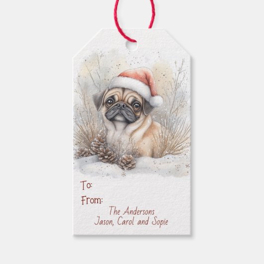 Aquarellfarbener Mops in Weihnachtsmannmütze Weihn Geschenkanhänger (Vorderseite)
