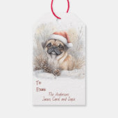 Aquarellfarbener Mops in Weihnachtsmannmütze Weihn Geschenkanhänger (Rückseite)