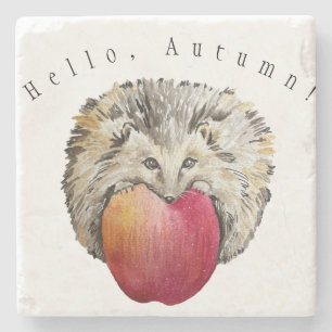 Aquarellfarbener niedlicher Igel und Apfel Steinuntersetzer