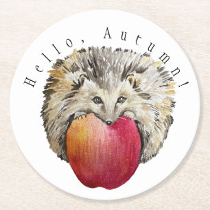 Aquarellfarbener niedlicher Igel und Apfelstein Un Runder Pappuntersetzer