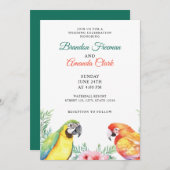Aquarellfarbener Papagei Couple Blumenzehen Einladung (Vorne/Hinten)