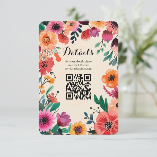 Aquarellfarbener Rahmen Quinceañera CUSTOM QR Code Begleitkarte (Stehend Vorderseite)