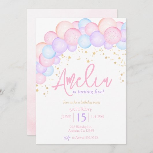 Aquarellfarbener Regenbogen-Pastellballon-Bogen Ge Einladung (Vorne/Hinten)