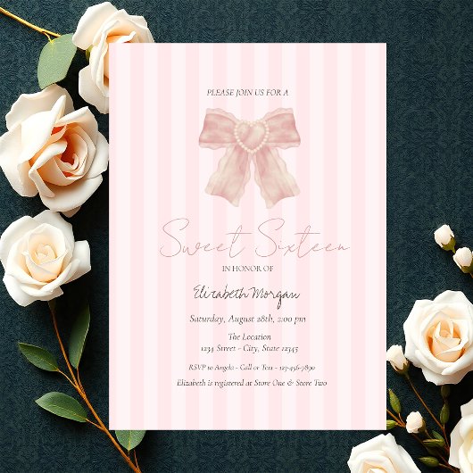 Aquarellfarbener rosa Bow Streifen Sweet 16 Einladung