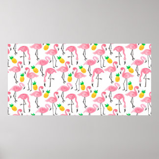 Aquarellfarbener Rosa Flamingo und gelbe Ananas Poster