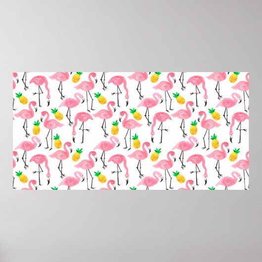 Aquarellfarbener Rosa Flamingo und gelbe Ananas Poster (Vorne)