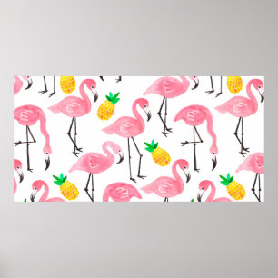 Aquarellfarbener Rosa Flamingo und gelbe Ananas Poster
