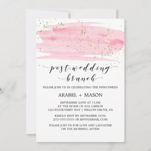Aquarellfarbener Rosa-Rosa-Rot und Gold-Brunch nac Einladung (Vorderseite)