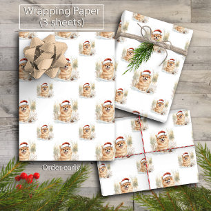 Aquarellfarbener Spitz in der Weihnachtsmannmütze Geschenkpapier Set