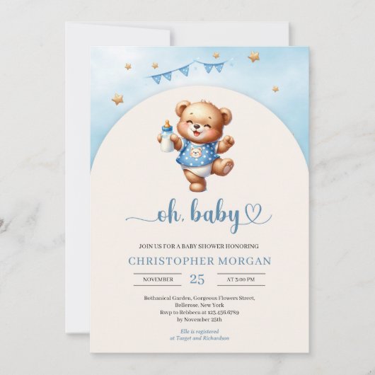 Aquarellfarbener Teddybär mit Flaschenbogen Einladung (Vorderseite)