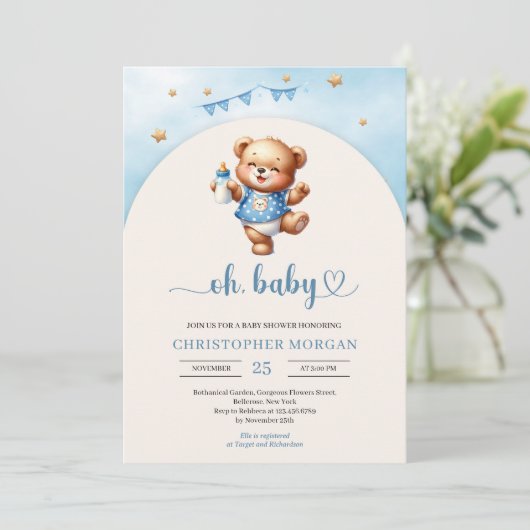 Aquarellfarbener Teddybär mit Flaschenbogen Einladung (Stehend Vorderseite)