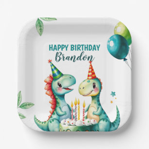 Aquarellfarbener Trex Dinosaurier 1. Geburtstag Pappteller
