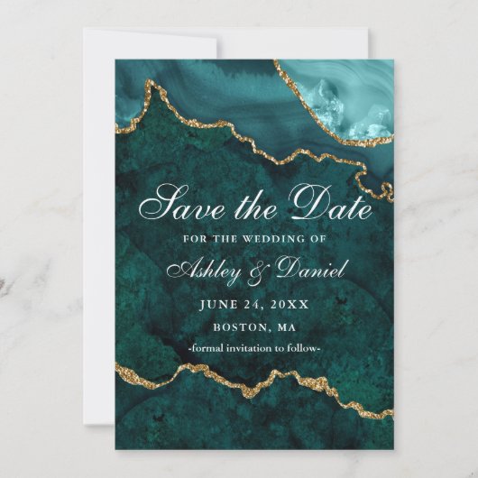 Aquarellfarbenes Aquamarines Goldmarmor Agate Geod Save The Date (Vorderseite)