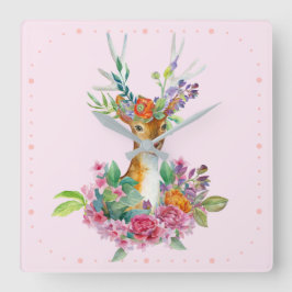 Aquarellfarbenes Blumenbaby Deer Baby Kinderzimmer Quadratische Wanduhr
