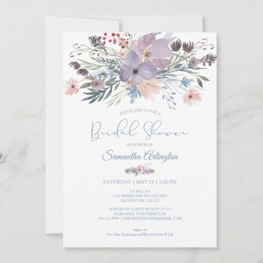 Aquarellfarbenes Blumendusty Blaues Violett Brautp Einladung (Vorderseite)