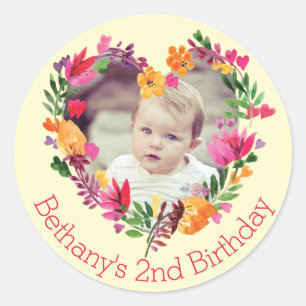 Aquarellfarbenes Blumenherz Baby 2. Geburtstag Fot Runder Aufkleber