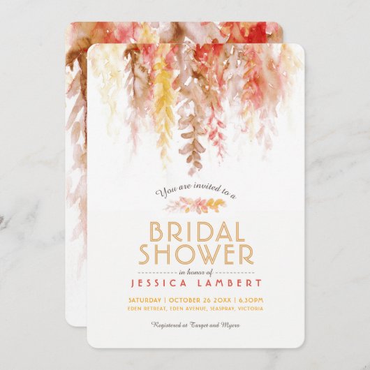 Aquarellfarbenes braunes gelbes Brautparty Einladung (Vorne/Hinten)