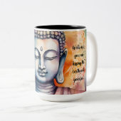 Aquarellfarbenes Buddha-Gesicht mit Mandala Hinter Zweifarbige Tasse (VorderseiteRechts)