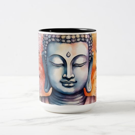 Aquarellfarbenes Buddha-Gesicht mit Mandala Hinter Zweifarbige Tasse (Mittel)