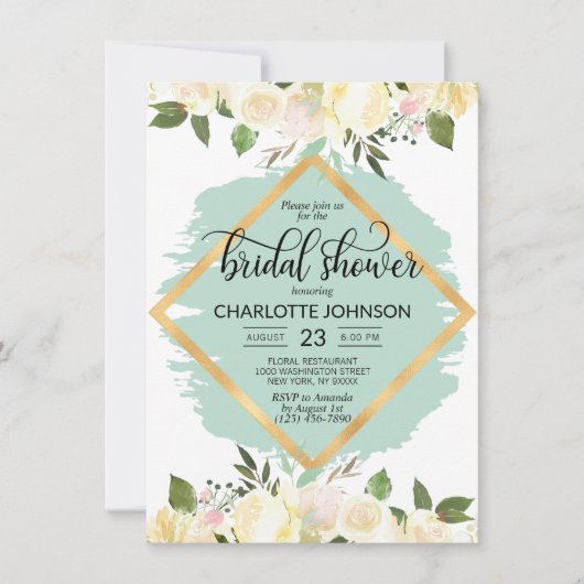 Aquarellfarbenes Elfenbein Minze Gold Brautparty Einladung (Vorderseite)