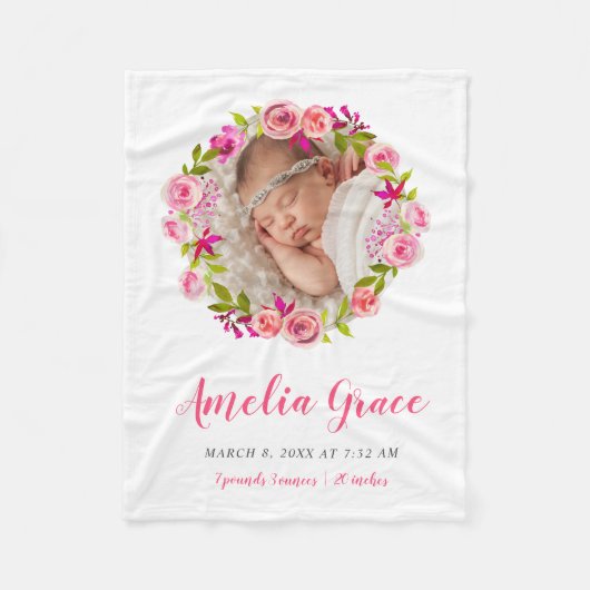 Aquarellfarbenes Foto Baby Geburtsstunde Fleecedecke (Vorderseite)
