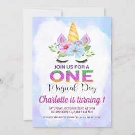 Aquarellfarbenes magisches Einhorn 1. Geburtstag Einladung