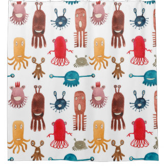 Aquarellfarbenes nahtloses Muster lustiger Monster Duschvorhang