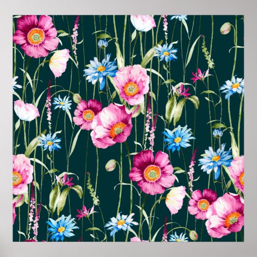 Aquarellfarbenes nahtloses Muster mit Mohnmohn-Blu Poster (Vorne)