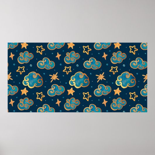 Aquarellfarbenes nahtloses Muster mit Mond, Sterne Poster (Vorne)