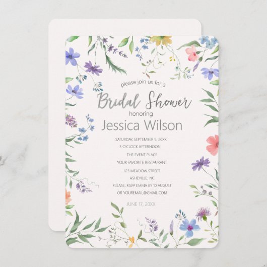 Aquarellfarbenes Niedliches Blumenwiesen Brautpart Einladung (Vorne/Hinten)