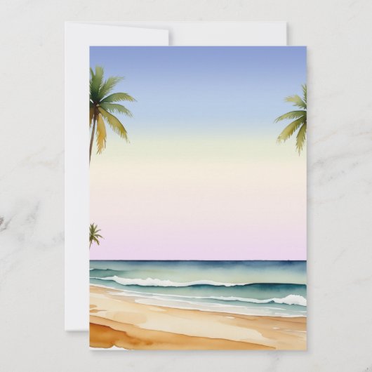 Aquarellfarbenes Palm Trees Beach Island Brautpart Einladung (Rückseite)