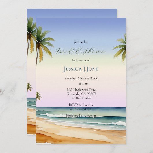 Aquarellfarbenes Palm Trees Beach Island Brautpart Einladung (Vorne/Hinten)