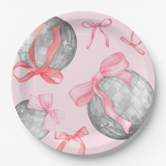 Aquarellfarbenes rosa Bow Ribbon Silver Disc Ball Pappteller (Vorderseite)