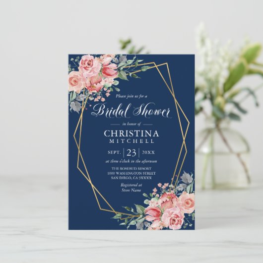 Aquarellfarbenes Rosa Navy Blue Brautparty Einladung (Stehend Vorderseite)