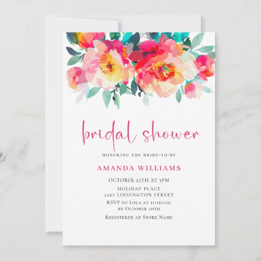 Aquarellfarbenes, rosa Orangefarbenes Blume Brautp Einladung (Vorderseite)