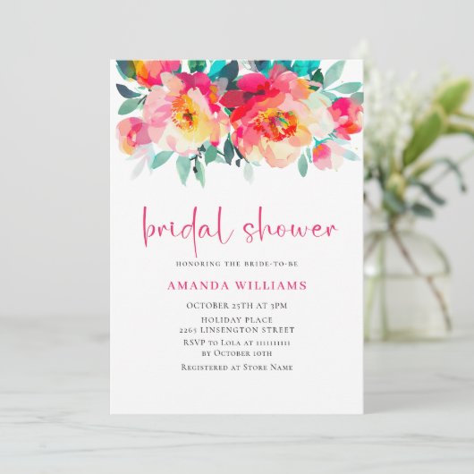 Aquarellfarbenes, rosa Orangefarbenes Blume Brautp Einladung (Stehend Vorderseite)