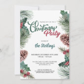 Aquarellfarbenes Rotes Holly Pine Border Weihnacht Einladung (Vorderseite)
