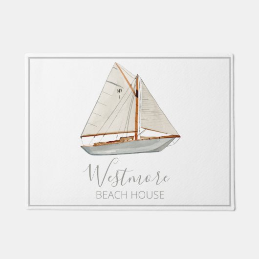 Aquarellfarbenes Sailboat Beach House Fußmatte (Vorderseite)