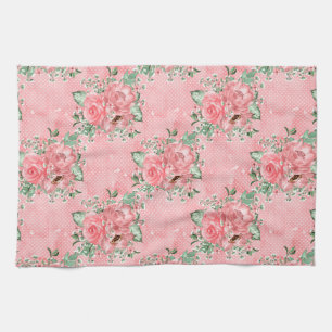 Aquarellfarbenes Shabby Chic Rosen und Polka-Punkt Geschirrtuch