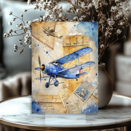 Aquarellfarbenes Sommerflugzeug mit blauen Retrofl Seidenpapier